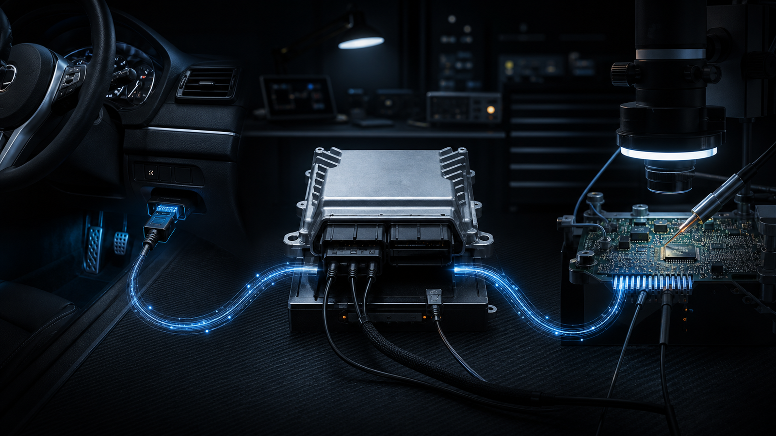 OBD Bench and Boot ECU programming modes in a technical workshop